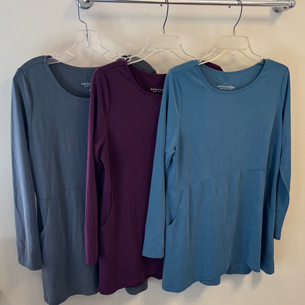 Soft Surroundings NWT Long Sleeve Scoop Neck Tunics in Blue, Plum, Slate